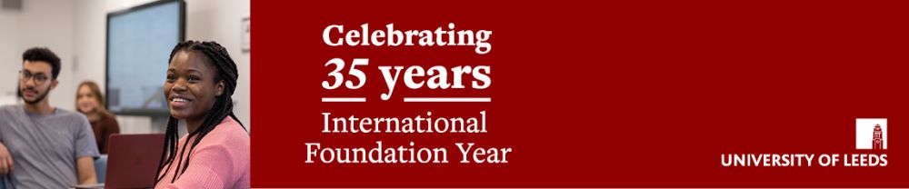 A red circle with text that says: celebrating 35 years - International Foundation Year