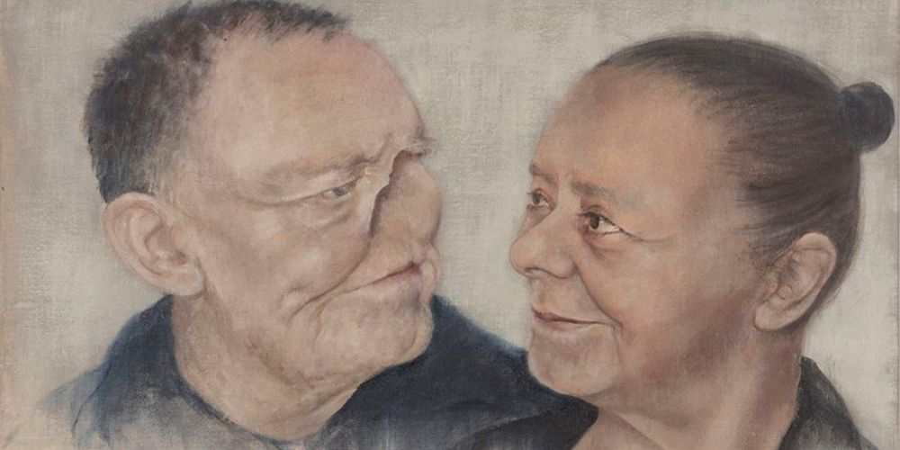 An acrylic and oil portrait of a prosthesis patient and their partner. They are looking at each other.