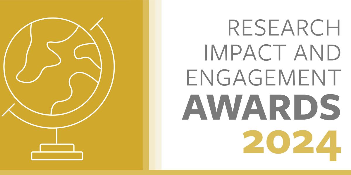 A white outline of a globe on a gold background. On the right, text reads: Research Impact and Engagement Awards 2024