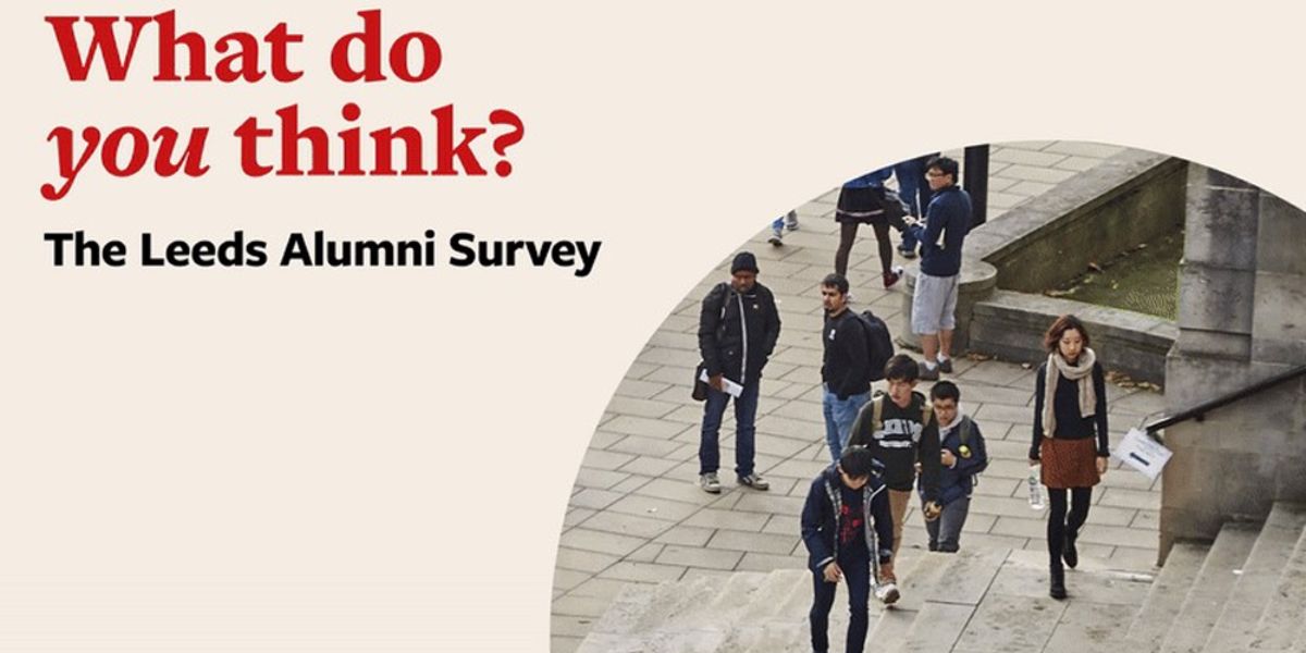 Students walking up the Parkinson Steps, and the text: What do you think? The Leeds Alumni Survey.