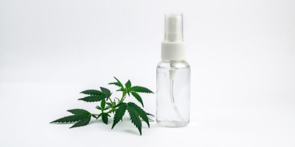 A clear spray bottle of liquid sits next to a green cannabis leaf