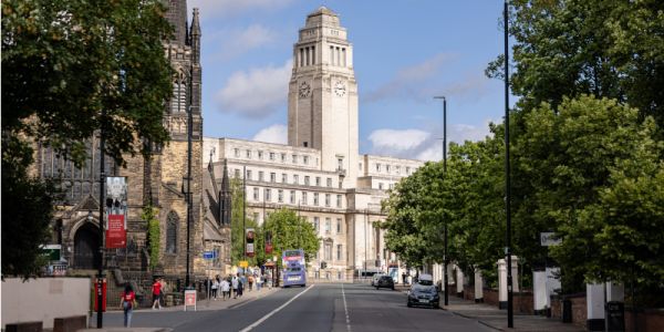 Long view of the exterior of the Parkinson Building, looking uphill.