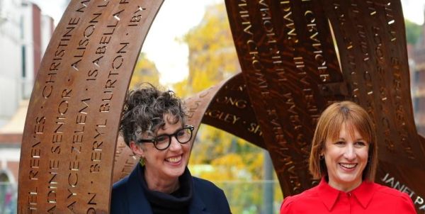 Artist Pippa Hales stands next to local MP and Chancellor of the Exchequer Rachel Reeves in front of the Ribbons Sculpture.