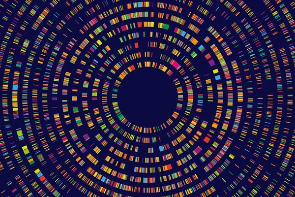 An illustration representing a genome sequence map in the style of a radial barcode