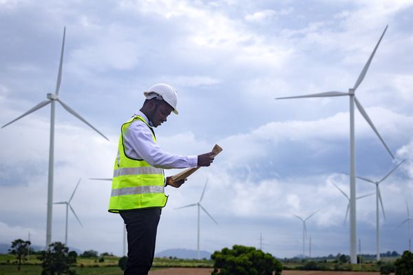 A person in a high vis vest and hard hat stands in front of wind turbines looking at a clipboard