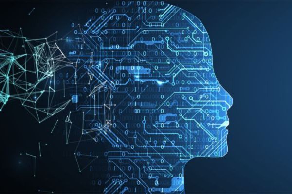 Illustration of machine learning and AI concept in form of a woman's face outline with circuit board and binary data flow on blue background.