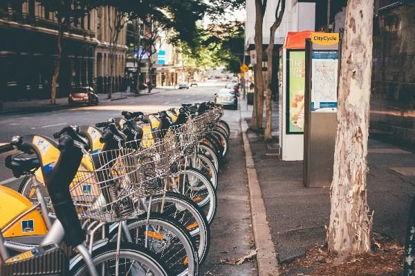 E-bikes lined up on a street