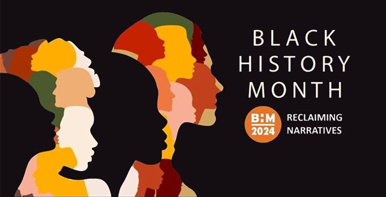 A patchwork of faces in profile, with text that says Black History Month 2024, Reclaiming Narratives.