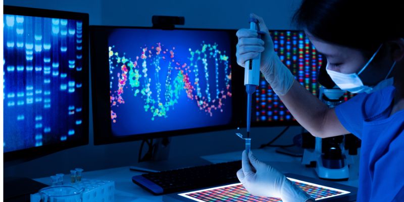 A doctor using a pipette to sample genomes.