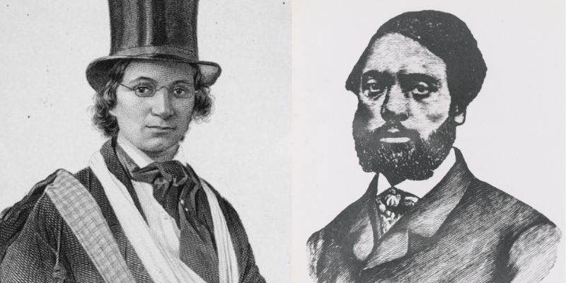 Etchings of Ellen and William Craft. Ellen (left) is pictured dressed as a man, wearing a top hat, glasses and a sling. William (right) is pictured in a suit and tie.