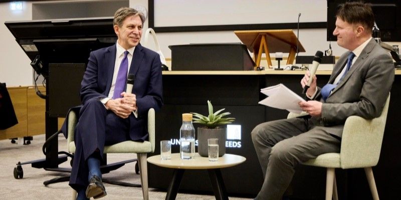 Greg Wright from the Yorkshire Post is sat interviewing Professor Alan Taylor in an Esther Simpson Lecture Theatre.