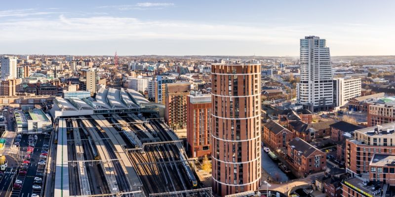 Aerial image of Leeds city centre, overlooking train station.