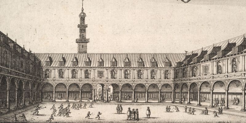 Etching of the Royal Exchange, showing the courtyard and people socialising within it.