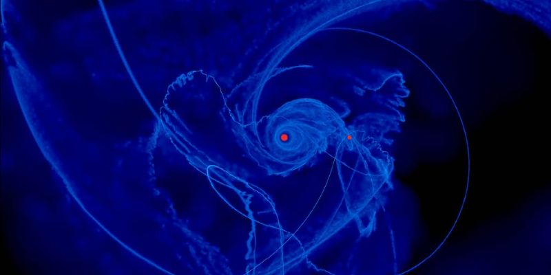 Blue swirls around a red dot: a simulation of stellar debris interacting with black holes 