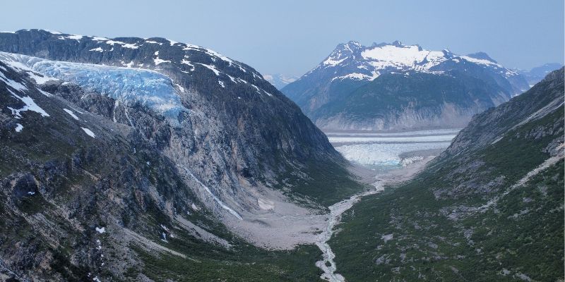 the Juneau icefield, showing a ravine in the foreground