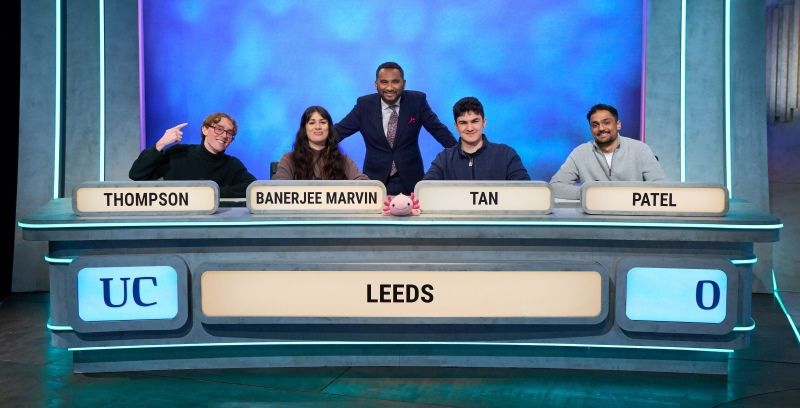 The University of Leeds team in the studio, with host Amol Rajan behind them.